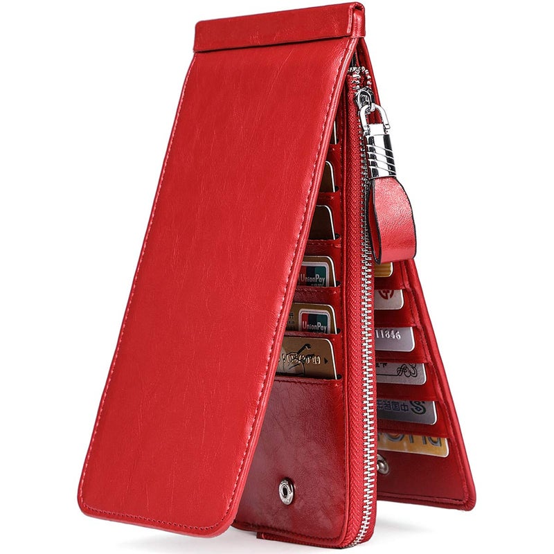 JEEBURYEE Women's Oil Wax Real Leather Multi Credit Card Holder Wallet RFID Blocking Long Bifold Clutch Wallet Ladies Purse with Zipper Pocket Red - Image 1